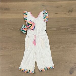 Matilda Jane Pink and White Jumpsuit with Ruffle Sleeves